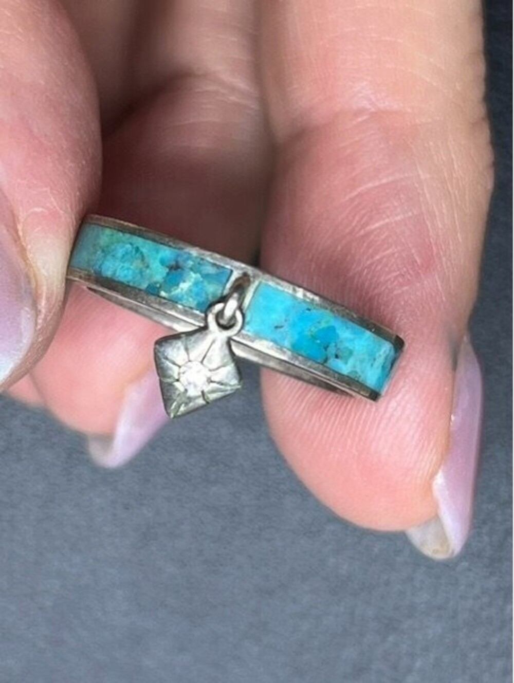 B7550 SILPADA Turquoise Inlay Band Ring Sterling Silver Dangling Charm Size 7